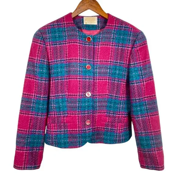Vintage Pendleton Pink Teal Plaid Wool Cropped Jacket Jewel Buttons USA 10